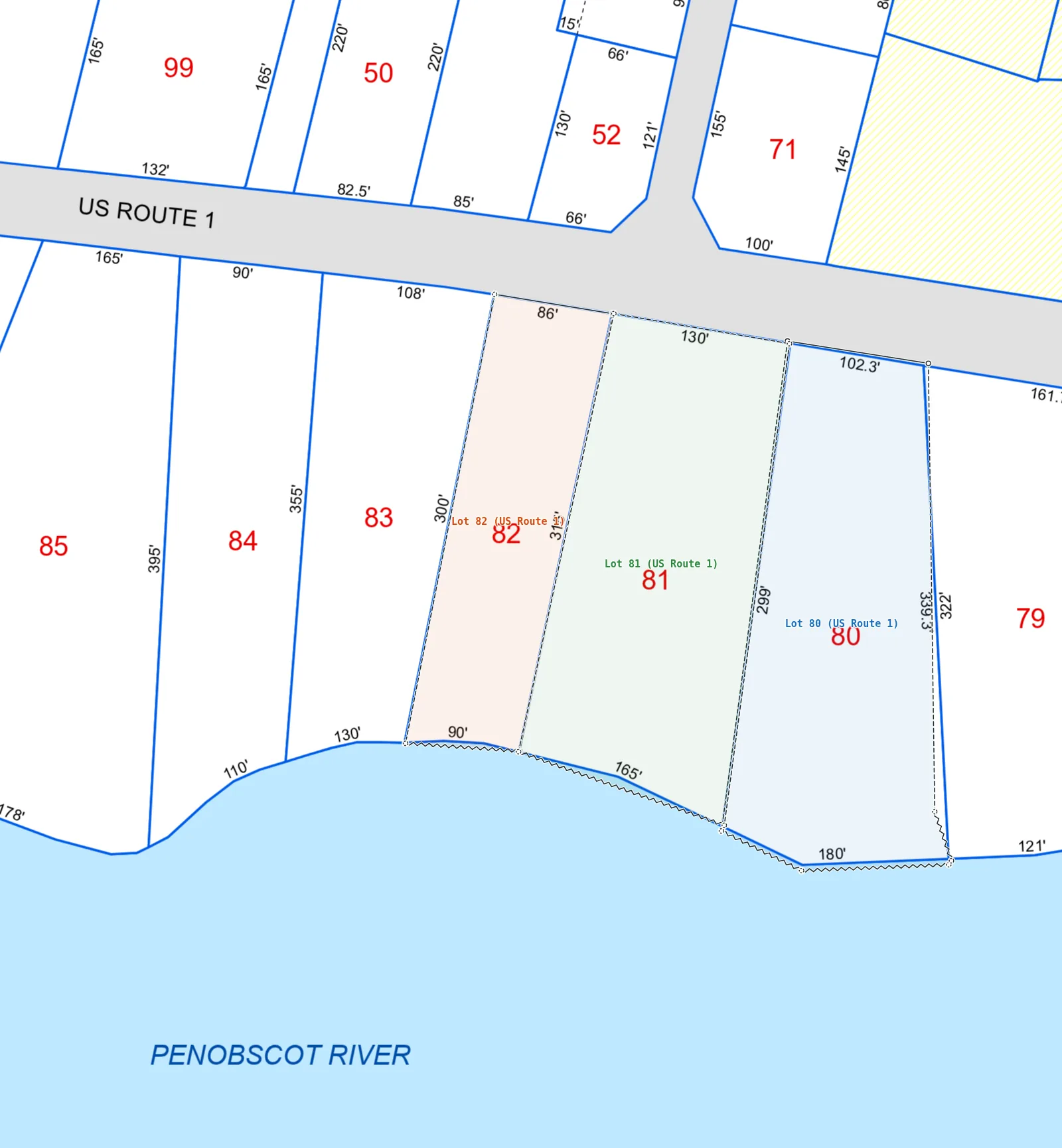 Bucksport's tax map 29 in GoBRS, with lots 80, 81 and 82 drawn by Goby from their deeds between US Route 1 and the Penobscot River. Where a deed gives no measurement, the line is dashed and follows the tax map.