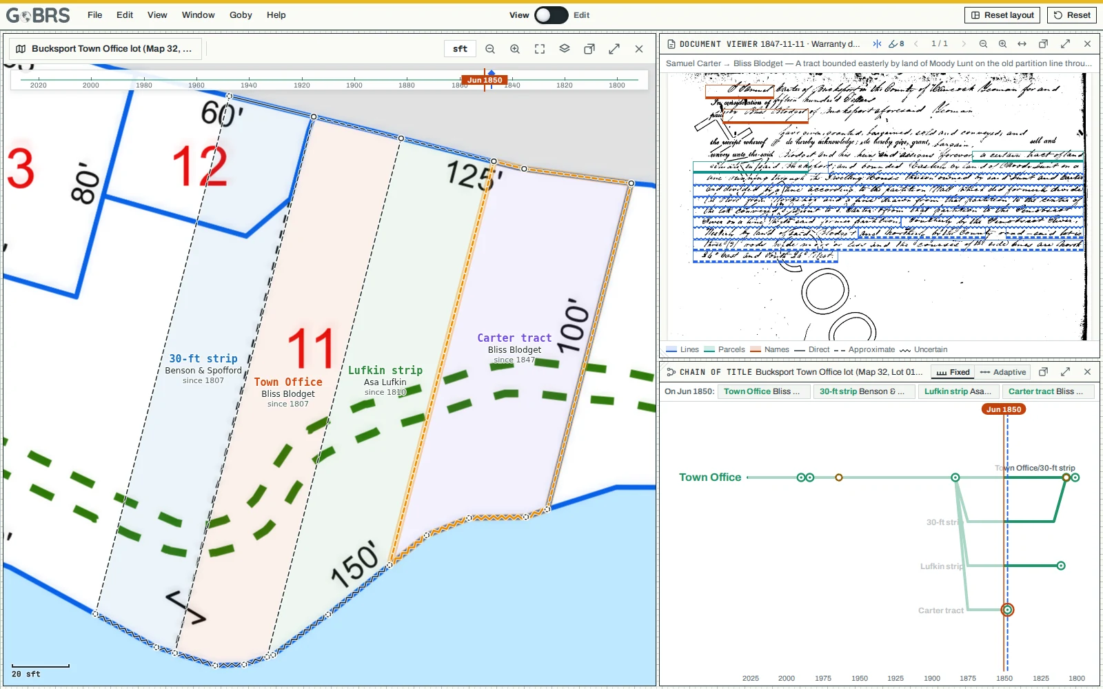 GoBRS on a real job: the Bucksport Town Office lot's four strips drawn on the town's tax map as they stood in 1850; at top right, the 1847 deed with each call of its description boxed, the Carter tract's lines it describes lit on the map; at bottom right, the chain of title